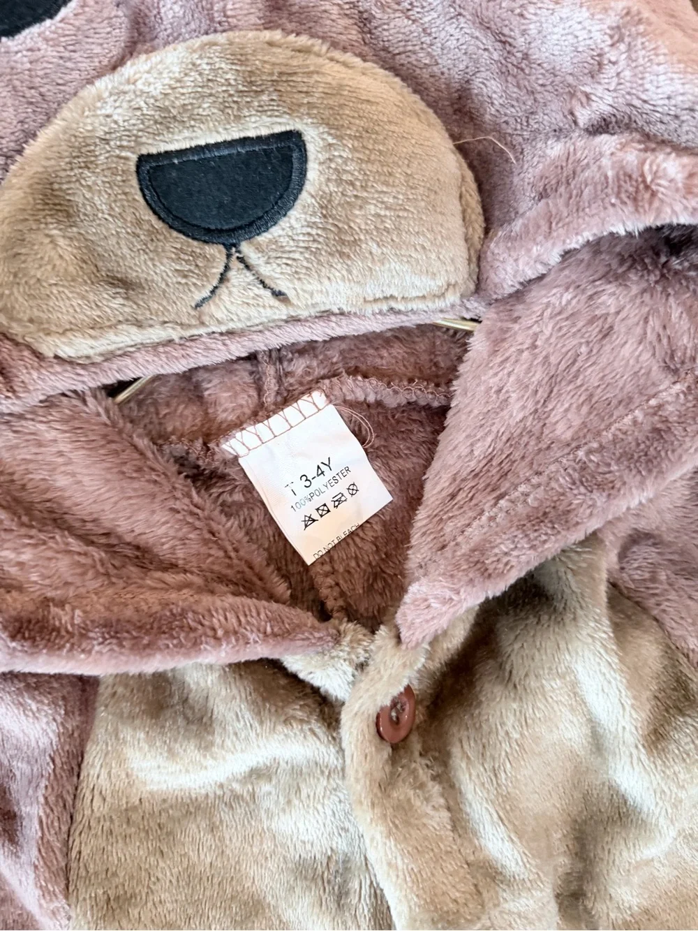 Brand New Kids 3/4T Bear Hooded Plush One-Piece Pajamas - Light Brown